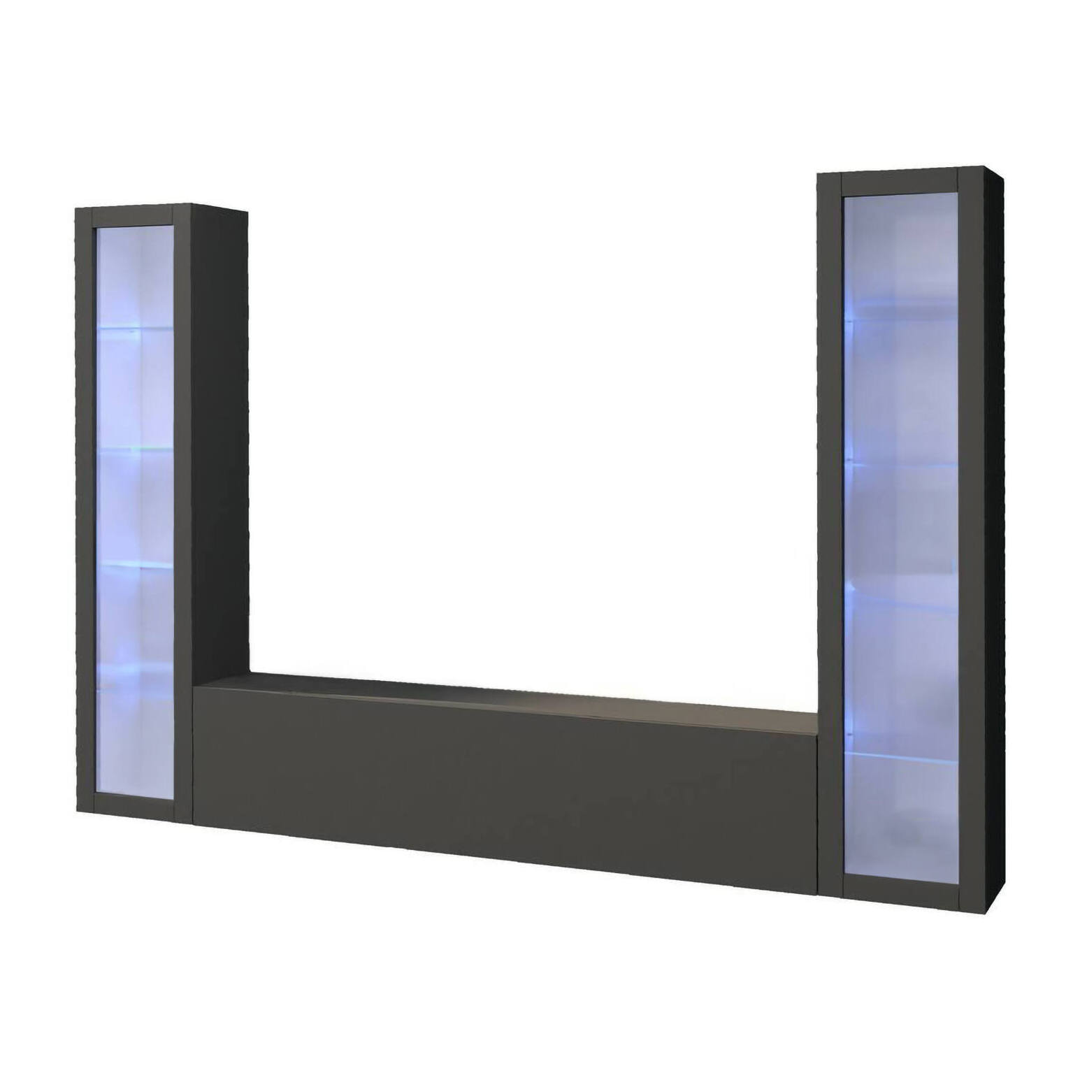 Parete attrezzata Gino, Set salotto porta TV a 3 ante, Mobile soggiorno multiuso con vetrina e luce LED, 100% Made in Italy, cm 260x30h180, Antracite