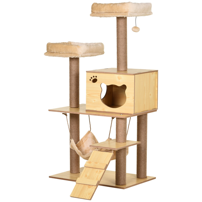Arbre à chats design contemporain griffoirs grattoirs sisal naturel niche plate-formes hamac boule panneaux particules beige