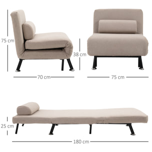 Sofá Cama de 1 Plaza 3 en 1 Sofá Cama Plegable Tapizado en Lino con Respaldo Ajustable de 5 Niveles y Almohada Acolchada para Oficina Dormitorio Salón 75x70x75 cm Beige