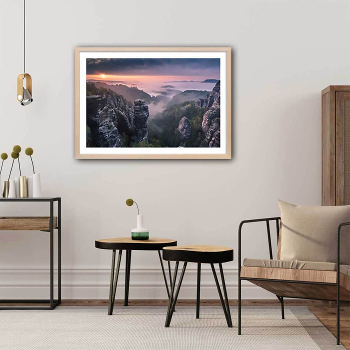 Affiche paysage sunrise on the rocks Affiche + cadre en bois - Chêne