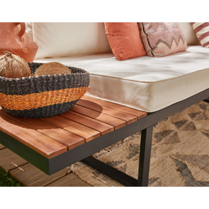 Yulara - salon bas d'angle de jardin 5 places - bois, métal et coussins beiges - Noir / Bois / Beige
