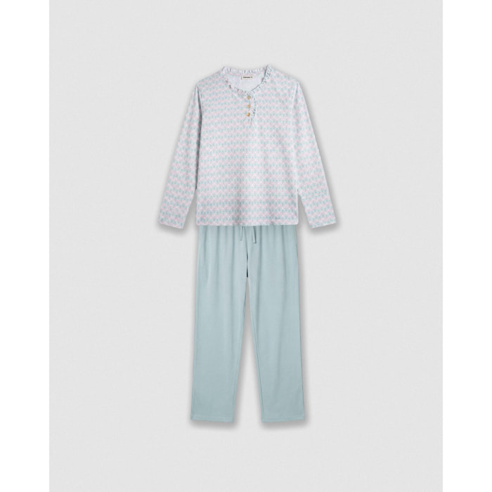 Pijama largo algodón frunce nuru verde azulado