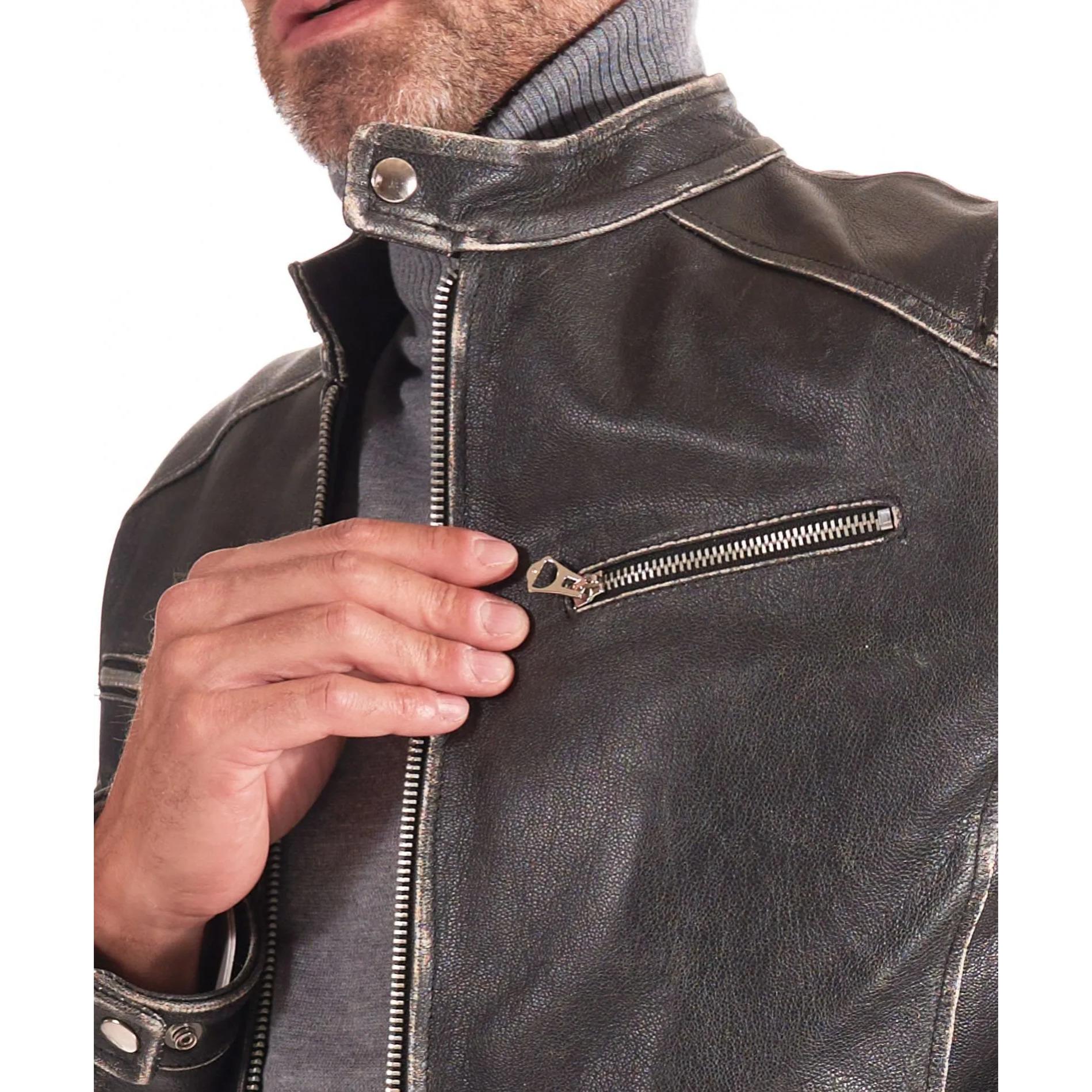 Giacca biker in pelle nera vintage effetto invecchiato