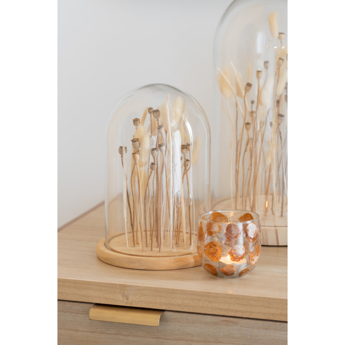 J-Line décoration Cloche Fleurs Sechées - verre/bois - ecru/brun - large