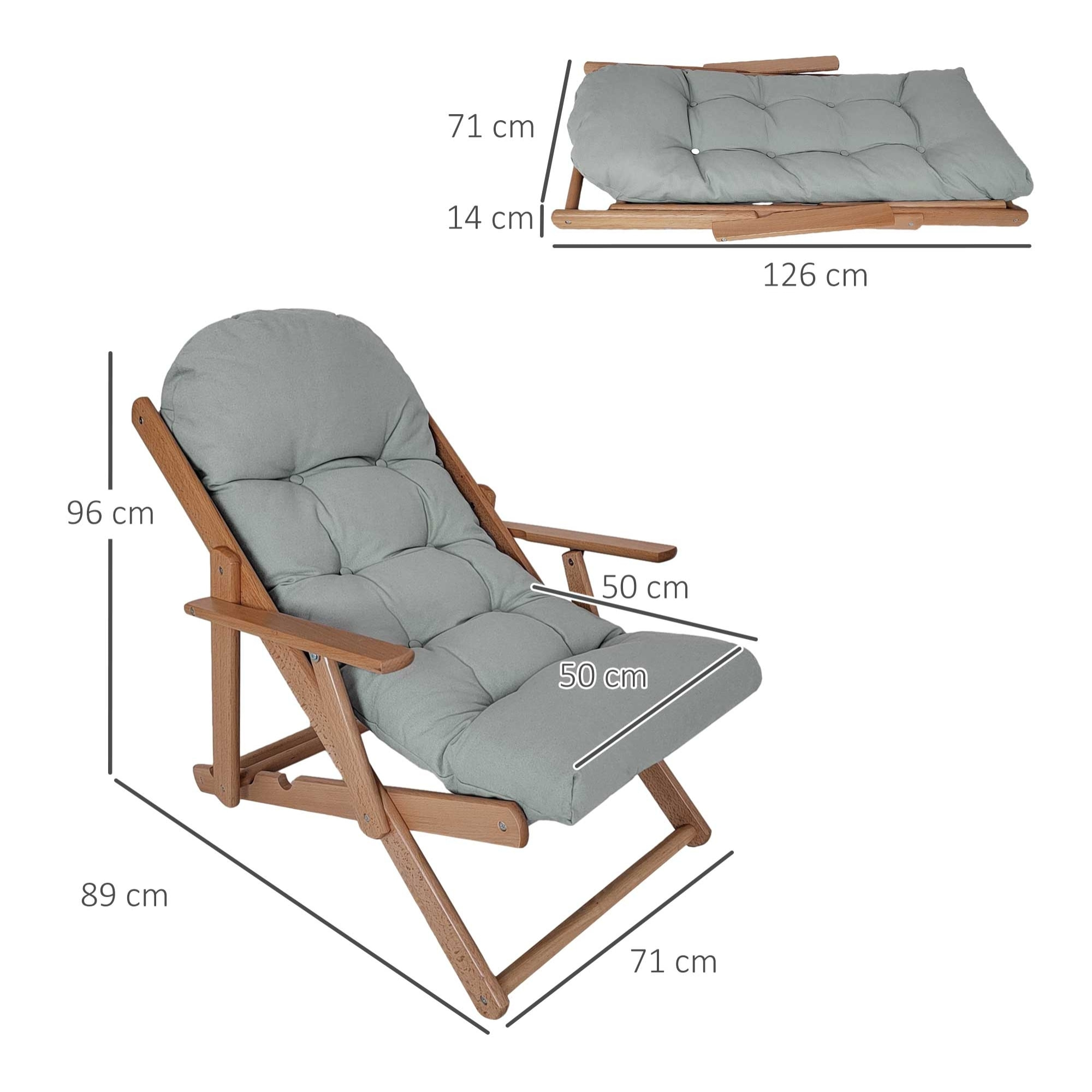 Fauteuil chaise pliable et inclinable en bois grand confort avec coussin capitonné épais - dim. 71I x 89P x 96H cm - gris