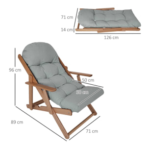 Fauteuil chaise pliable et inclinable en bois grand confort avec coussin capitonné épais - dim. 71I x 89P x 96H cm - gris