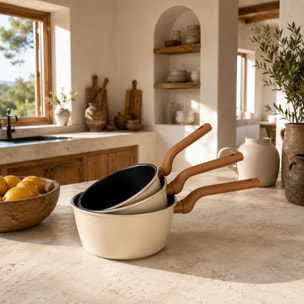Set de 3 casseroles avec revêtement céramique en acier carbone beige  PRATICOOK
