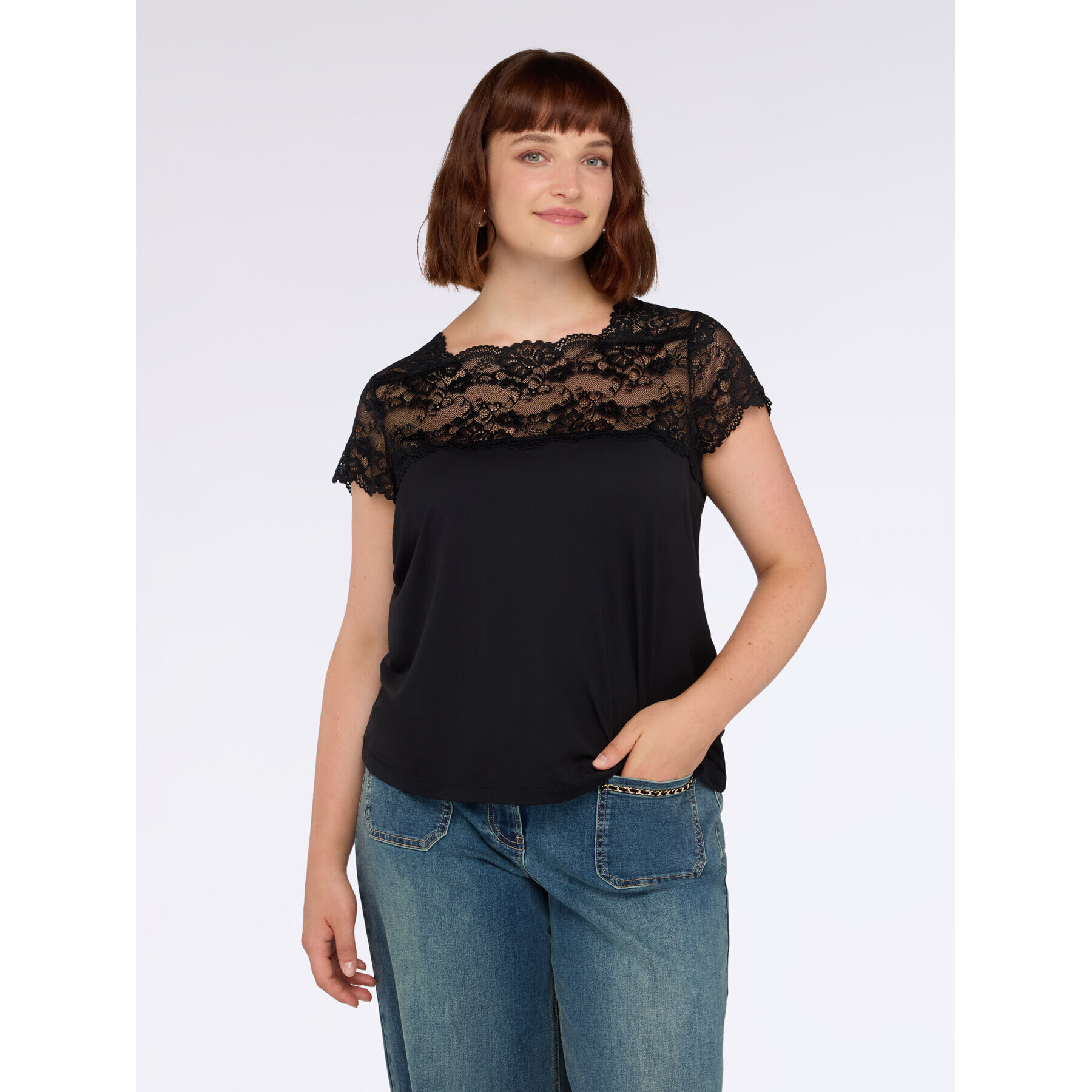 Fiorella Rubino - T-shirt in jersey con inserto in pizzo - Nero