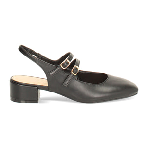Zapatos de tacón slingback para mujer negros con punta redondeada
