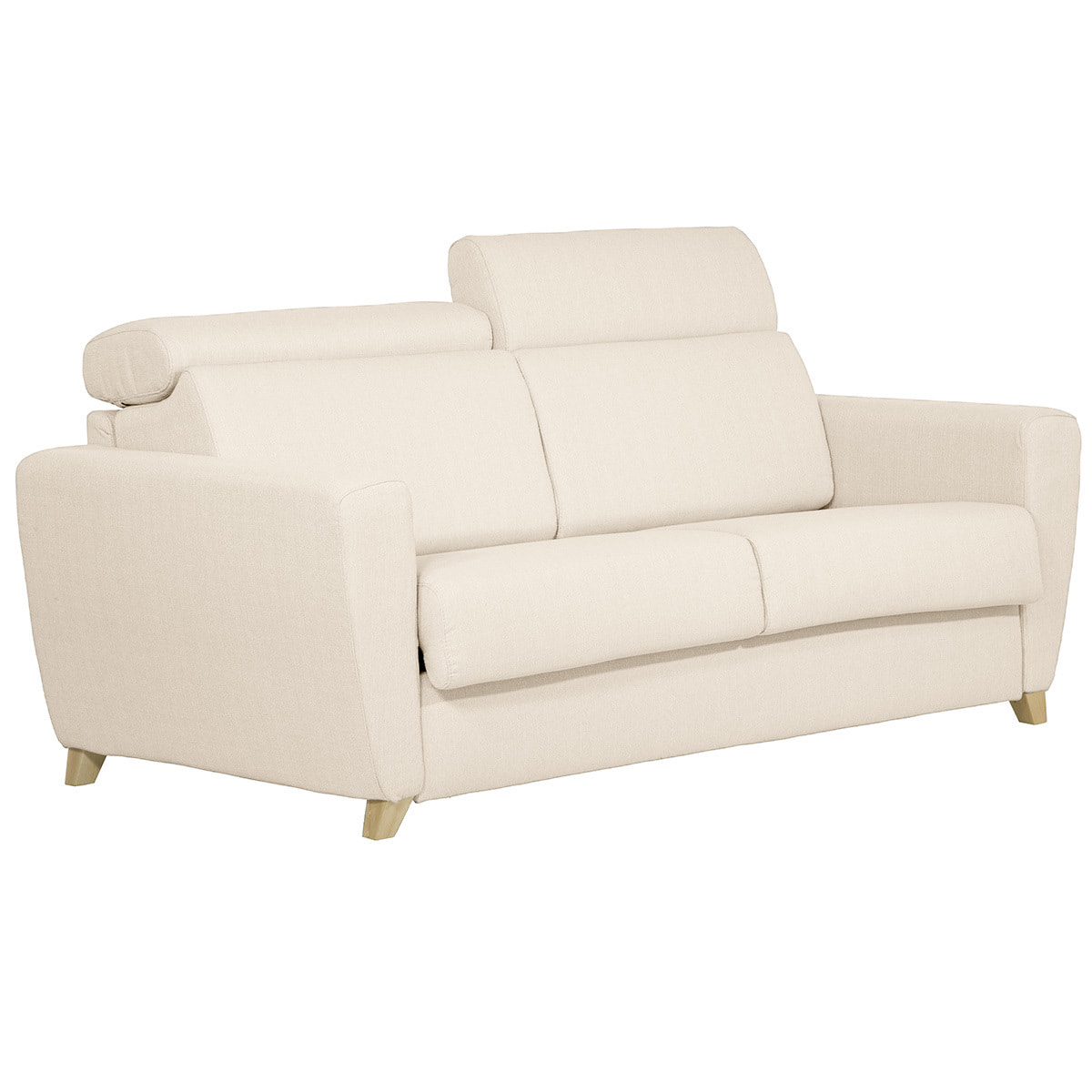Canapé convertible avec têtières ajustables 3 places en tissu beige et bois clair avec matelas 13 cm GOYA