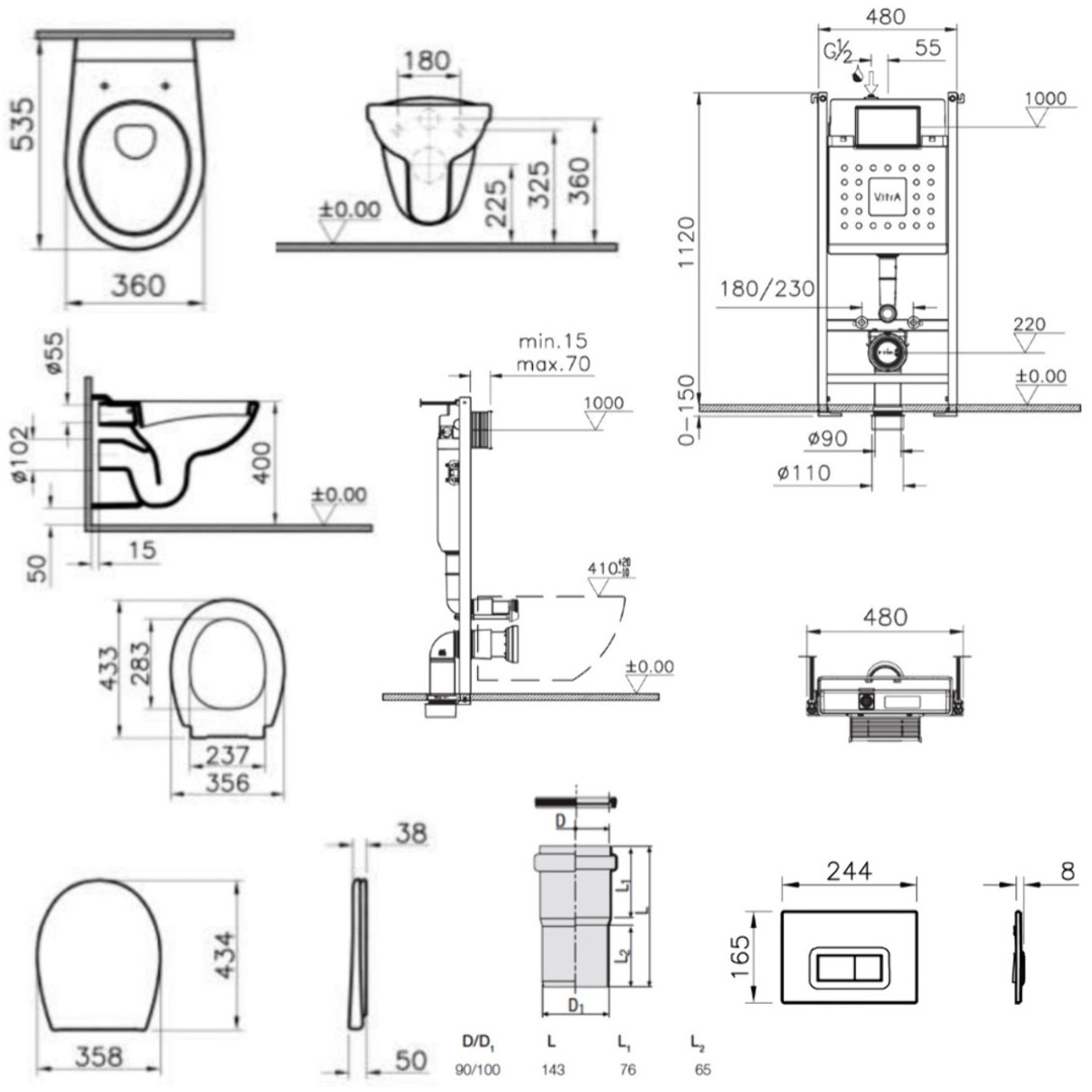 Pack WC Bâti-support V-Fix + WC sans bride Vitra Normus + Abattant SoftClose + Plaque, Blanc Brillant (V-FixNormusRimless-1)
