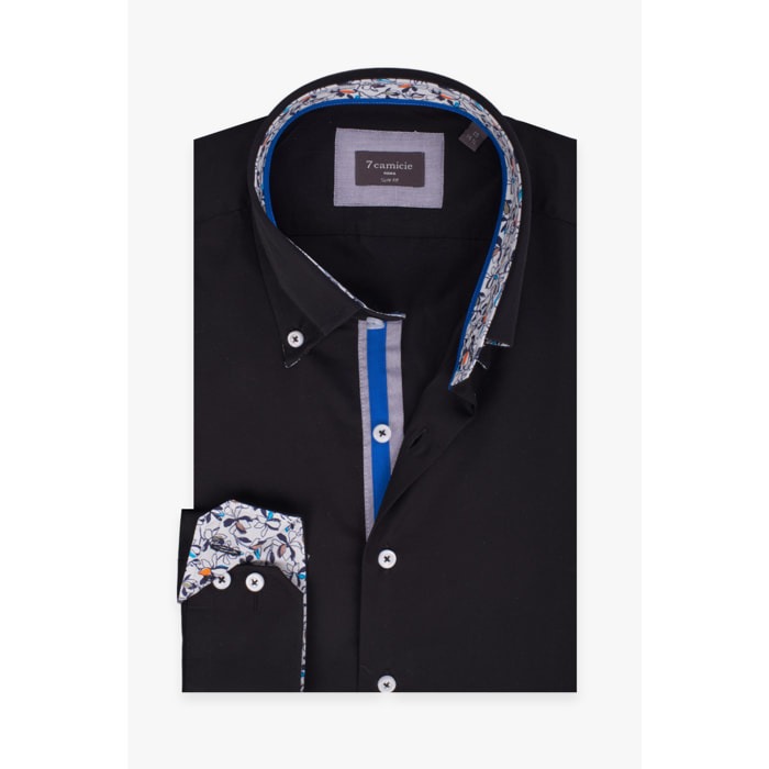 Camicia Uomo 2 Bottoni Button Down Slim Satin Unito Nero