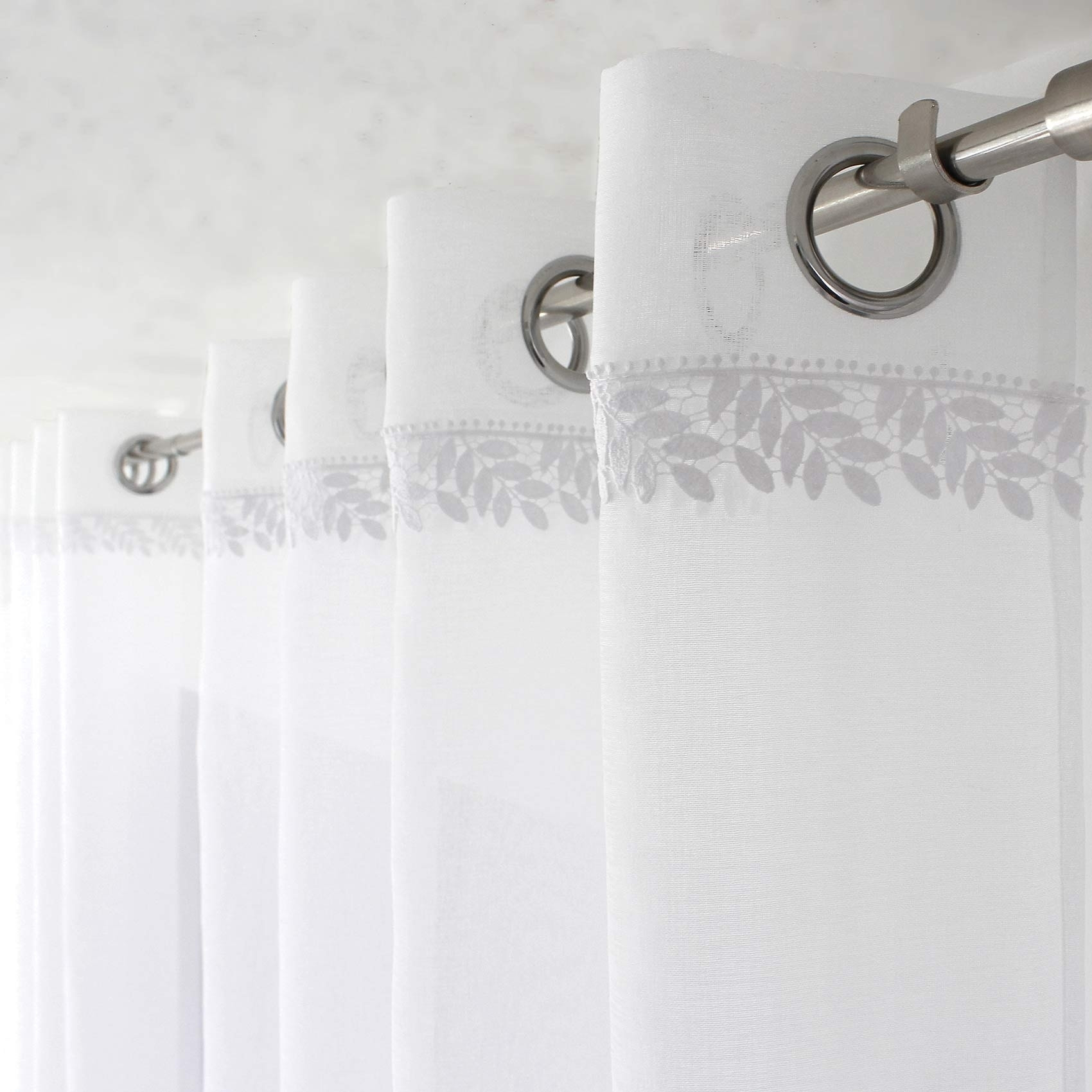 Voilage tamisant avec galon feuille en macramé - Blanc