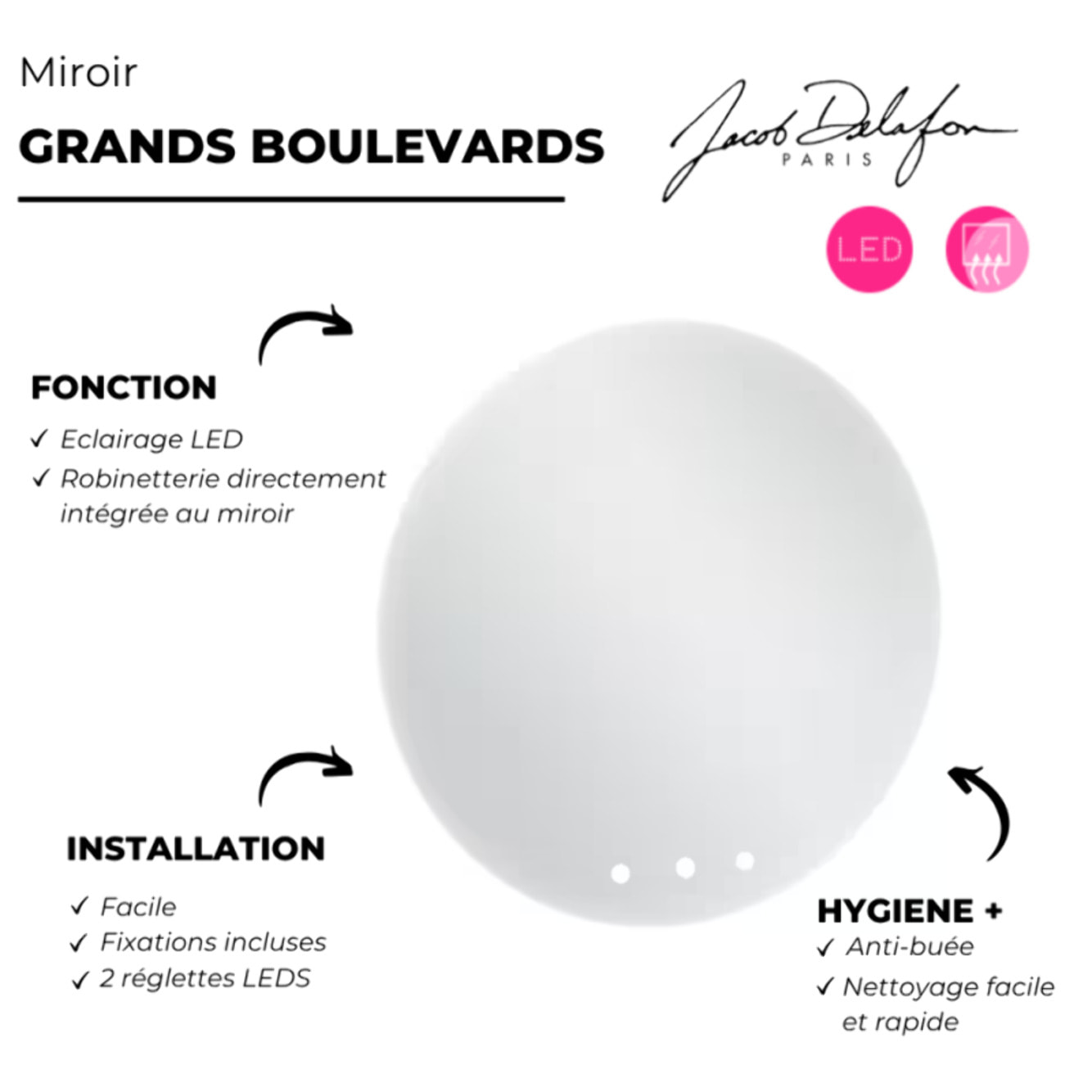Miroir LED rond 3 trous + mitigeur lavabo encastré 3 trous Grands Boulevards noir mat