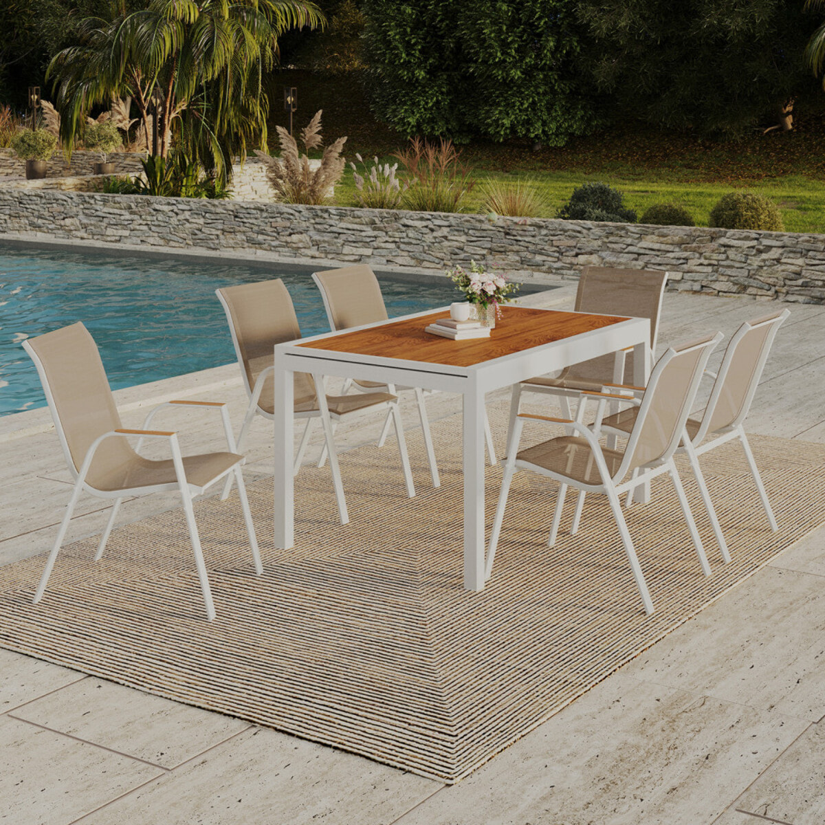 Ensemble repas extensible Timbia 12 places blanc verre trempé effet bois