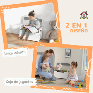 Baúl para Juguetes Infantil, Banco Almacenaje para Niños, con Respaldo y Tapa Amortiguadora, Carga 30 kg, para Salas de Juego, Dormitorio, 68,5x34x58 cm, Gris y Blanco