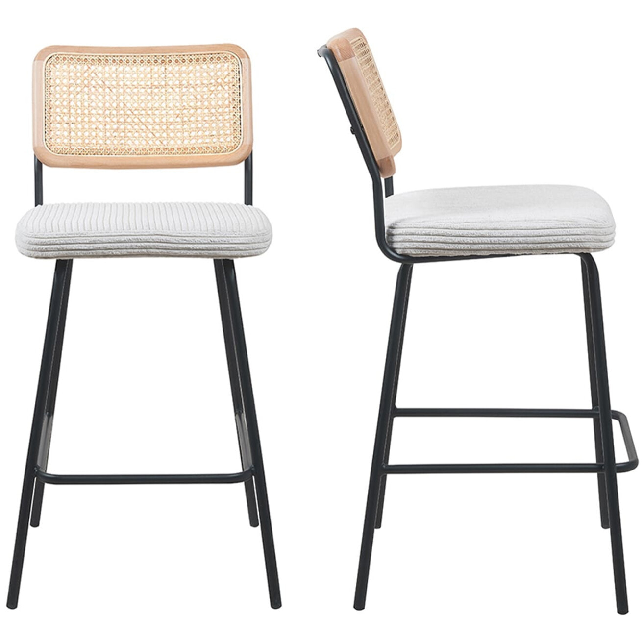 Lot de 2 chaises de bar en cannage et velours côtelé, piètement noir - MUSE