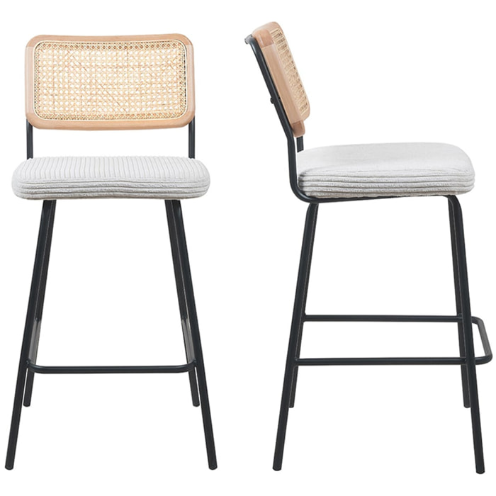 Lot de 2 chaises de bar en cannage et velours côtelé, piètement noir - MUSE