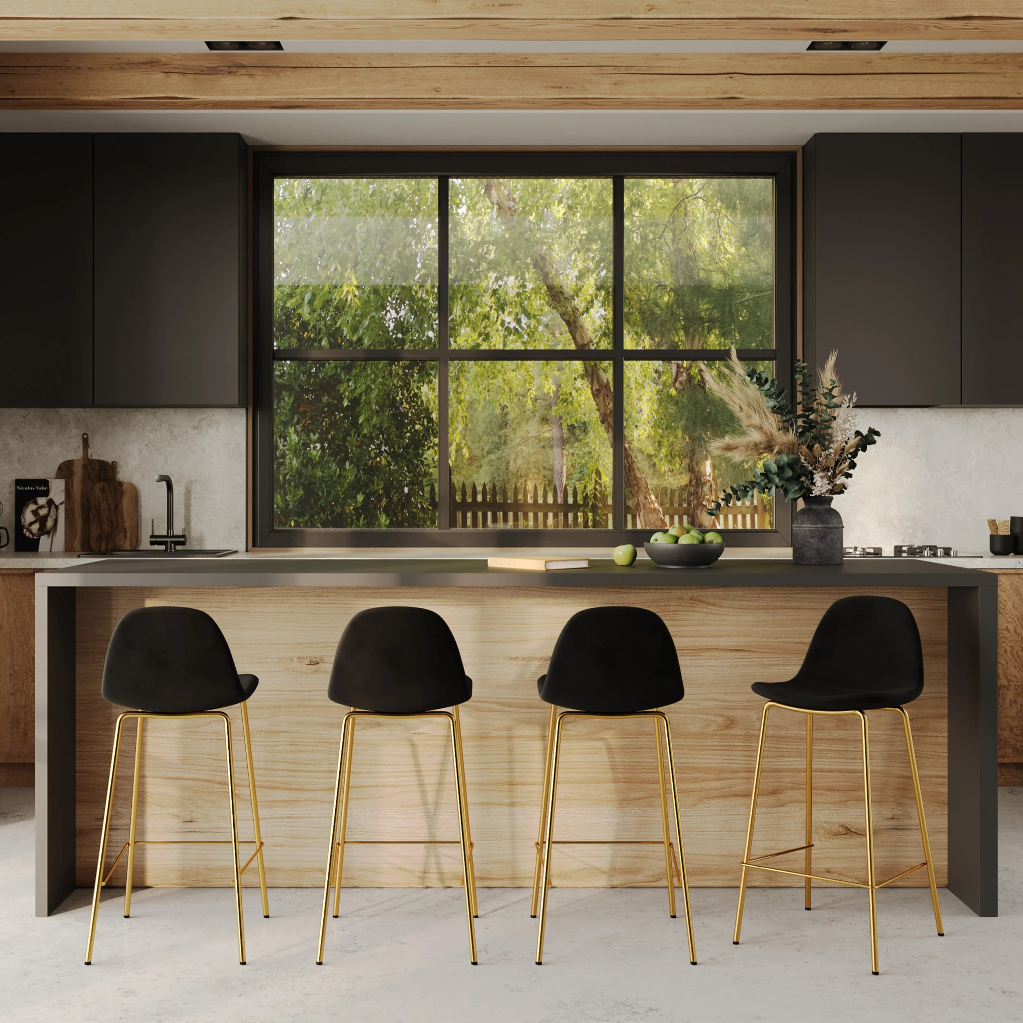 Lot de 2 chaises pour îlot central 65 cm en velours noir et doré - Henrik