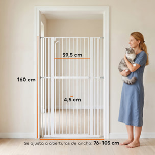 Barrera de Seguridad para Niños Perros y Gatos Extra Alta 160cm Extensible 76-105cm para Puertas Escaleras Valla para Perros Cierre Automático Montaje a Presión Abre 1 Mano 2 Extensiones Blanco