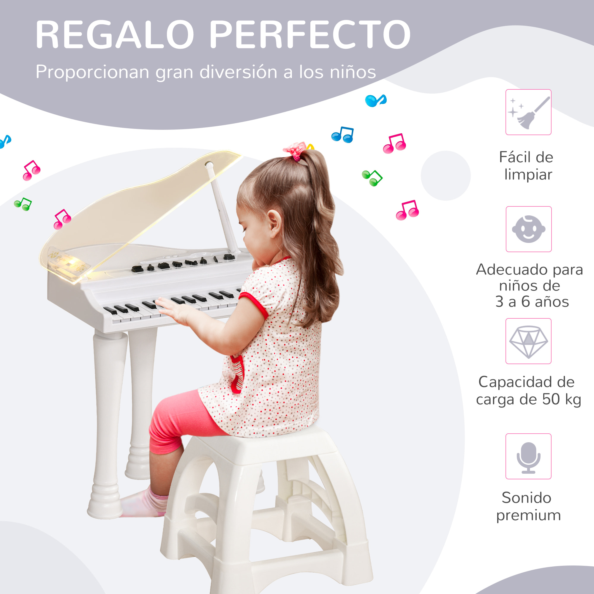 Piano Electrónico Infantil de 32 Teclas Juego de Piano con Micrófono Taburete Luces 22 Canciones 4 Sonidos Patas Desmontables y Volumen Ajustable 37x30,5x60,4 cm Blanco