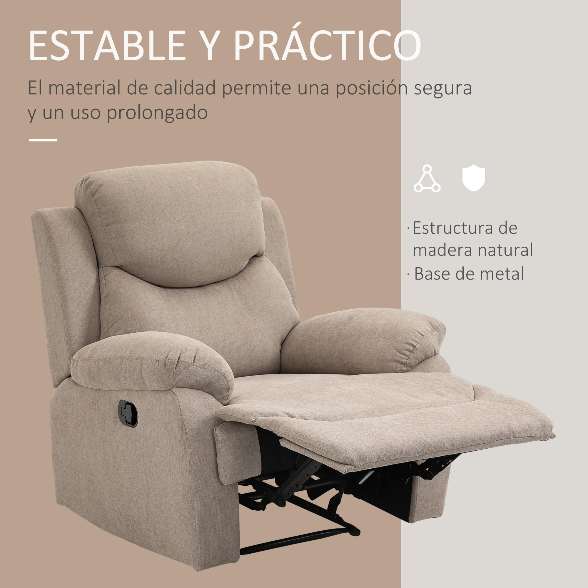 Sillón Reclinable de Salón Sillón Relax Reclinable Manual con Reposabrazos y Reposapiés Carga 150 kg Sofá Relax para Salón Dormitorio Beige