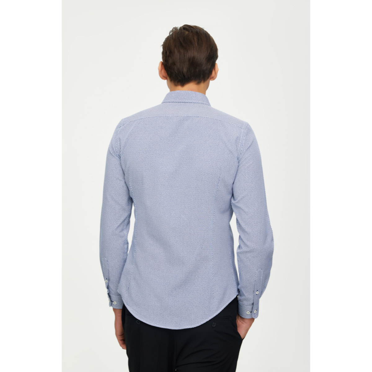 Camicia Uomo 1 Bottone Francese Slim Cotone Poliestere Stampato Blu\Bianco