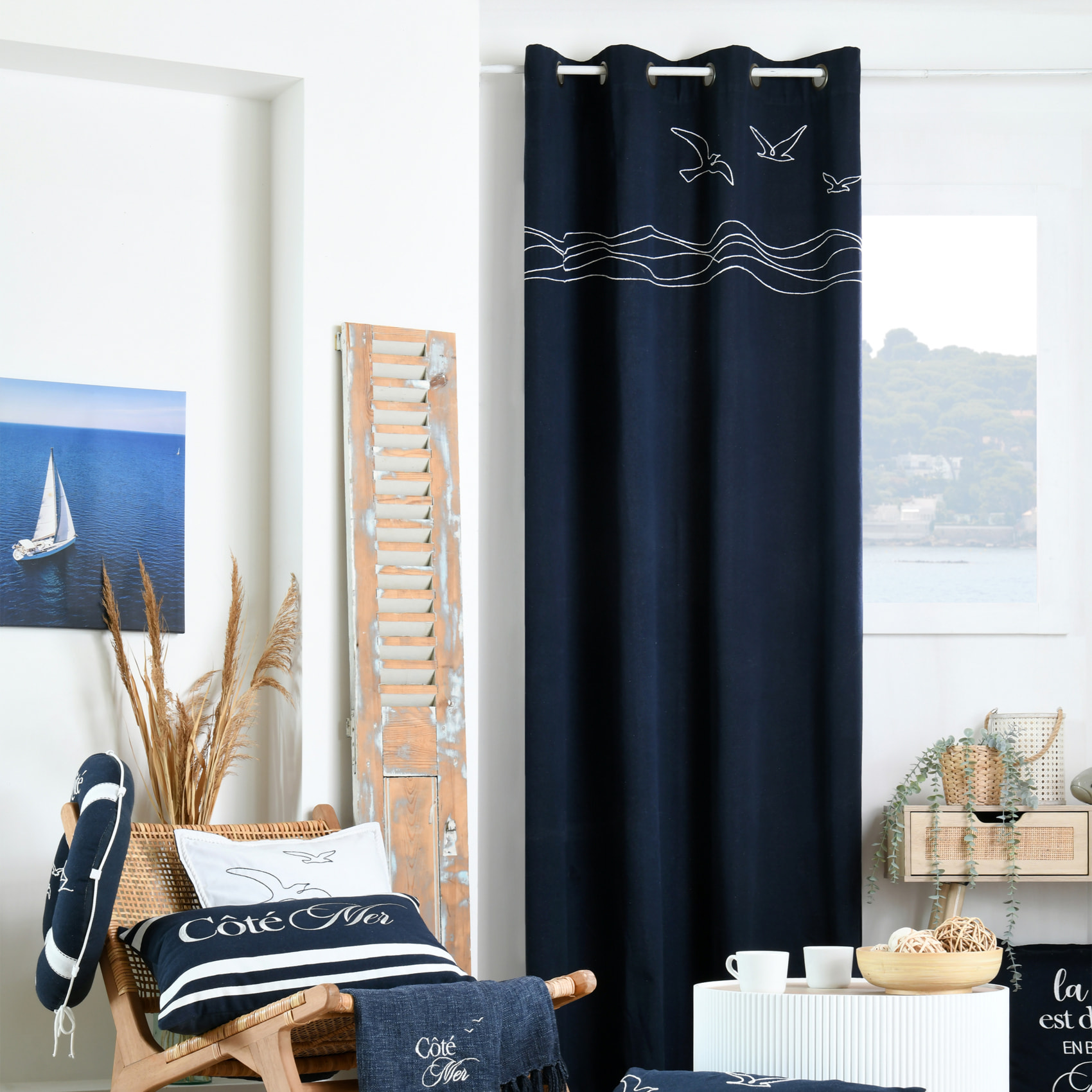 Rideau tamisant polycoton à œillets motif bord de mer - Bleu Marine