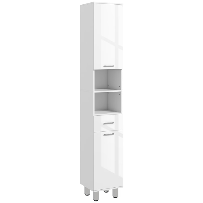 Colonne salle de bain H.180cm façade blanc laqué 2 portes, 2 étagères, 2 niches, tiroir