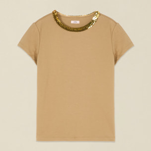 Oltre - Camiseta con detalle de lentejuelas - Beige