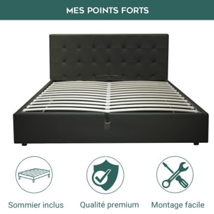 Lit coffre Venise avec tête de lit capitonnée | Espace de Stockage jusqu'à 900 L | Robustesse et confort | Simili cuir | Noir