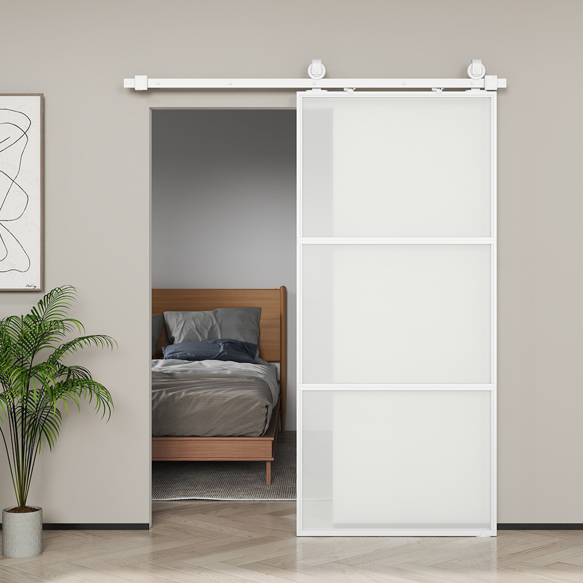 Puerta Corredera con Herrajes Puerta Corredera de Cristal con Mecanismo Cierre Suave para Baño Salón Sala de Estar Cocina 91,4x203,2 cm Blanco