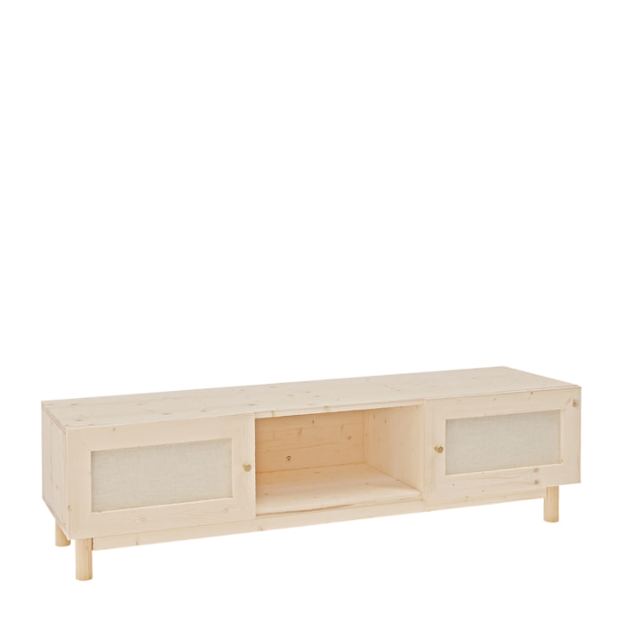 Meuble TV en bois massif et toile de lin avec 2 portes ton naturel 150x40cm Hauteur: 40 Longueur: 150 Largeur: 42