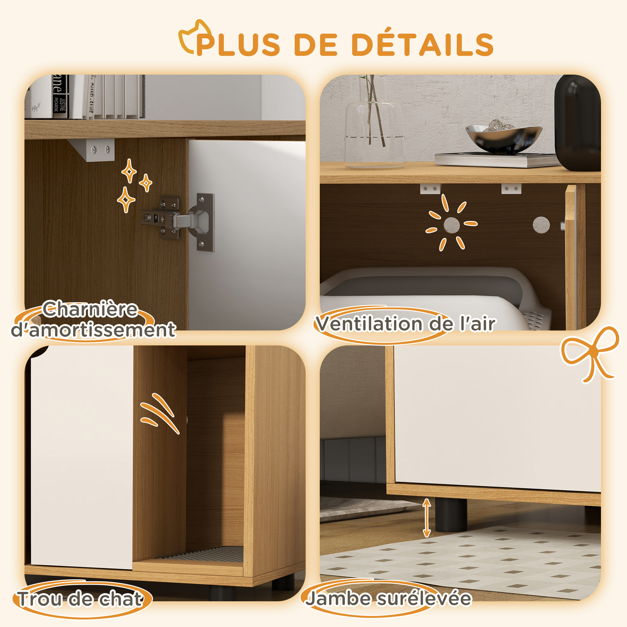 Maison de toilette pour chat style scandinave - meuble cache litière - portes, aérations, tapis de fuite - naturel blanc