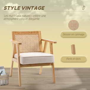 Fauteuil lounge avec coussin - dossier en cannage - assise profonde - accoudoirs - structure bois hévéa - aspect lin beige