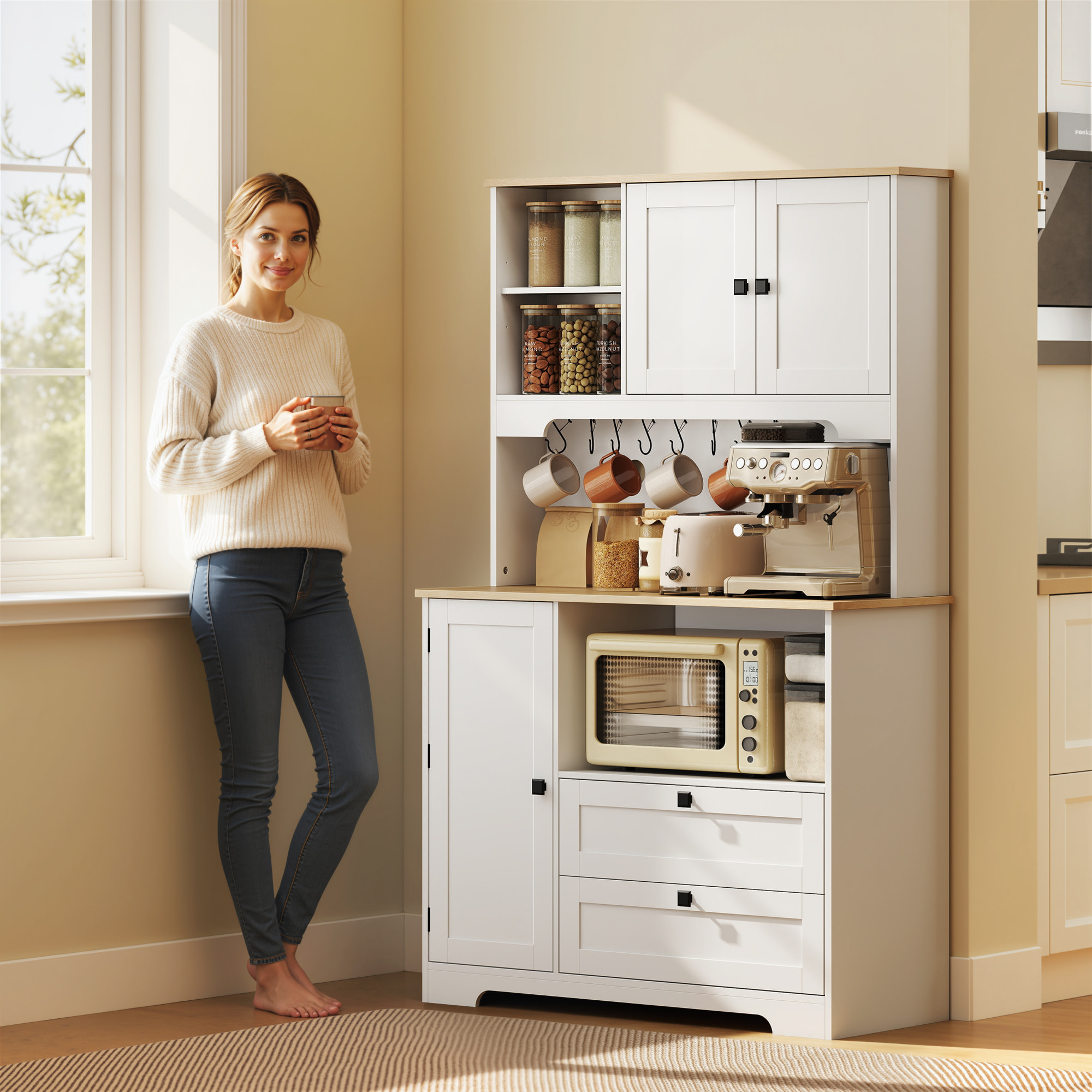 Alacena de Cocina, Mueble Auxiliar de Cocina con 3 Puertas, 2 Cajones, 3 Estantes en la Puerta, 8 Ganchos, Encimera Amplia para Microondas, Estantes Ajustables, Orificios para Cables, Blanco