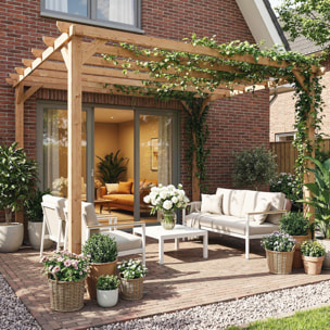 Pergola bois autoportante 9 m² - toit chevrons lattes espacées - bois verni