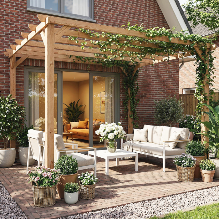 Pergola bois autoportante 9 m² - toit chevrons lattes espacées - bois verni