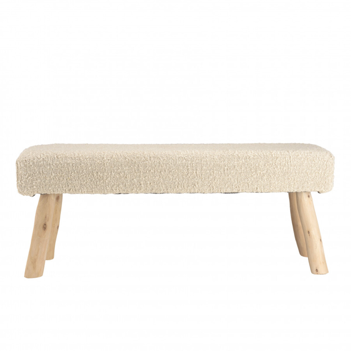 CHARLES - Banc 120x40cm en laine texturée ivoire pieds en bois naturel