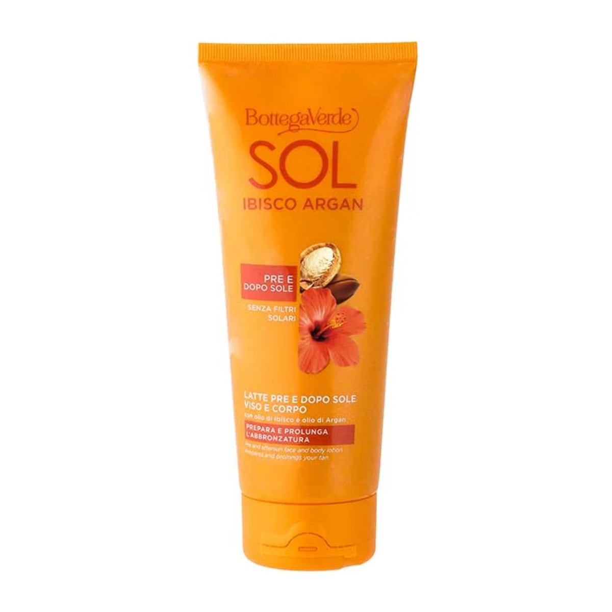 SOL Ibisco Argan - Leche prebronceado y aftersun - cara y cuerpo - prepara y prolonga el bronceado - con aceite de Hibisco y aceite de Argán (200 ml) - prebronceado y aftersun - no contiene filtros solares