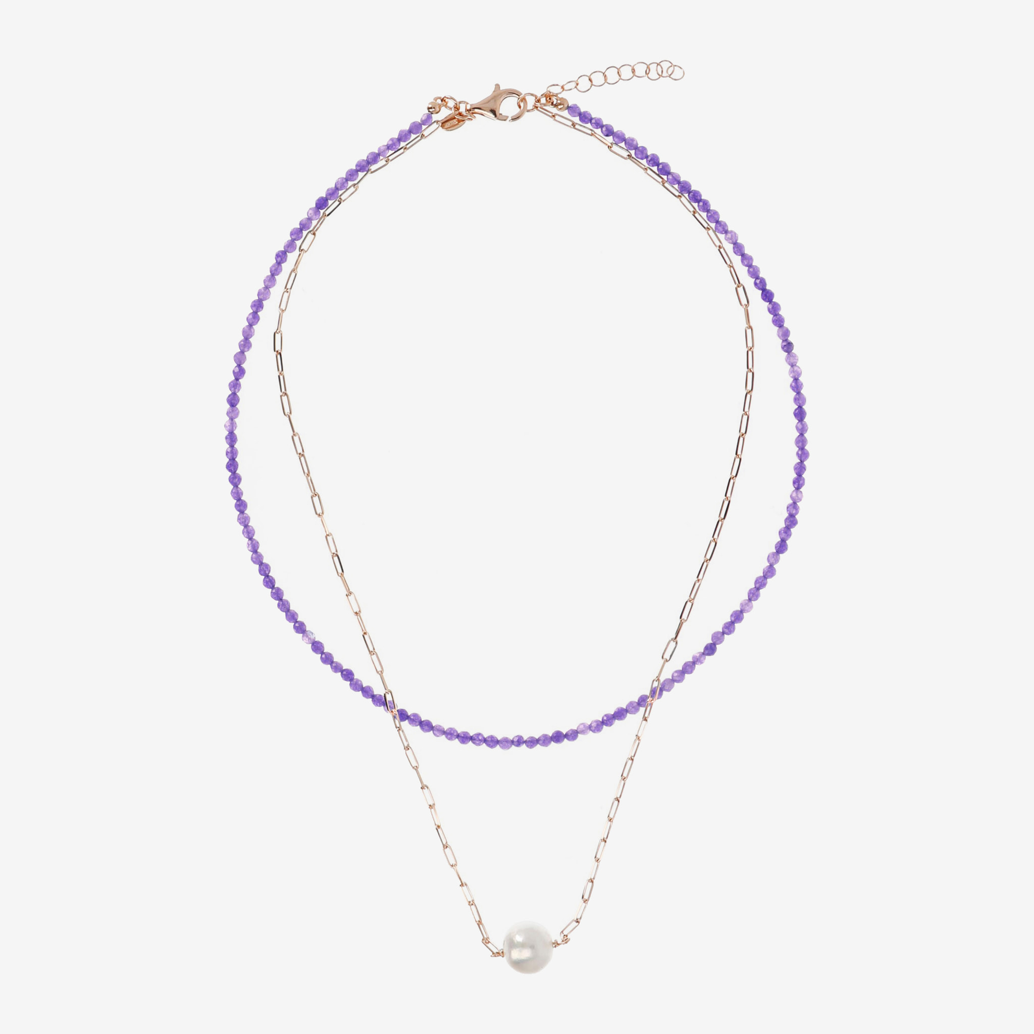 PERLAVIVA - Doppia Collana con Quarzite Viola con Perla Ming Bianca Ø 11 mm in Argento 925 placcato Oro Rosa 18Kt