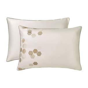 Taie d'oreiller satin de coton brodé beige Hexagones angora