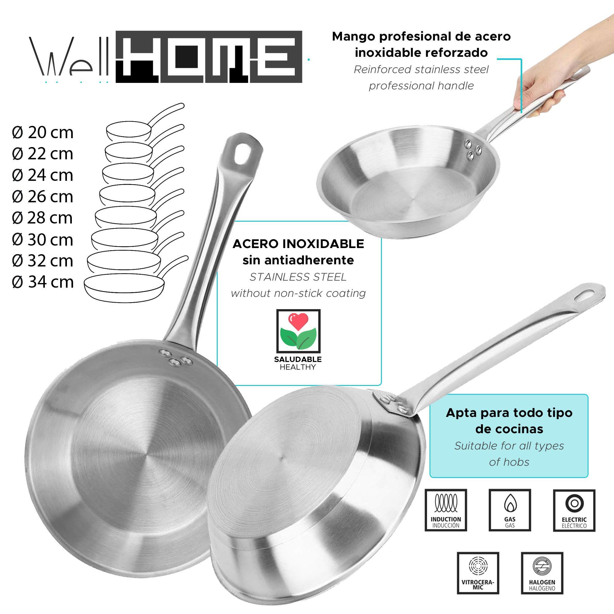 set de 3 sartenes en acero inoxidable, aptas para inducción y sin antiadherente