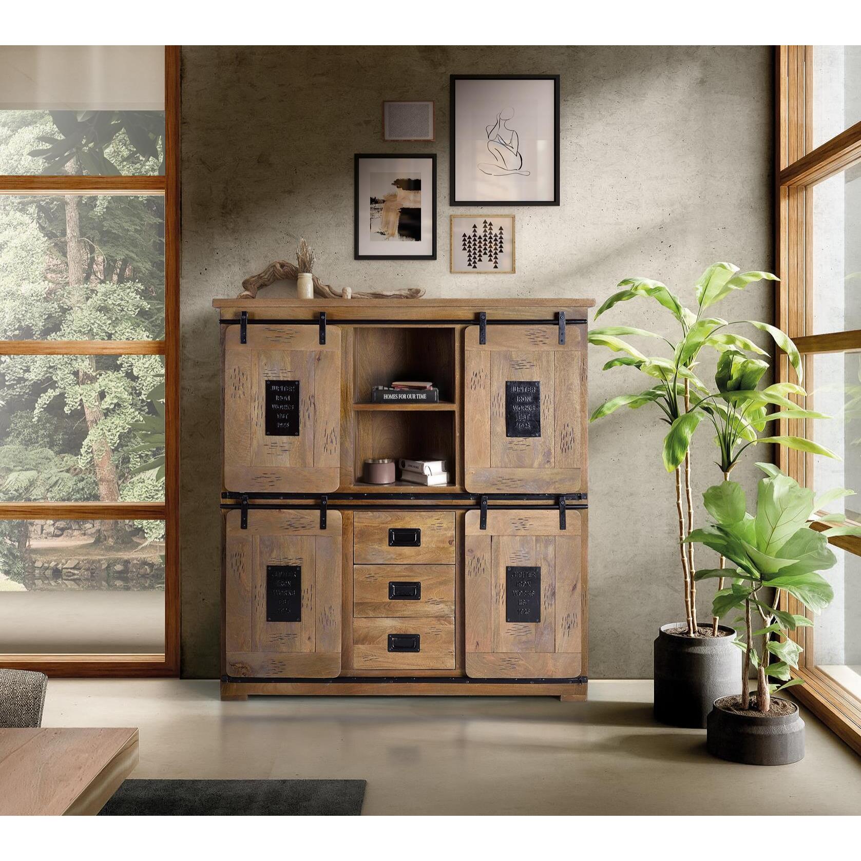 Alacena 4 puertas correderas y 3 cajones - madera de mango y metal - 160x150x45cm