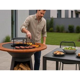 Barbecue rond avec plaque de cuisson et de gril en acier et planche en bois