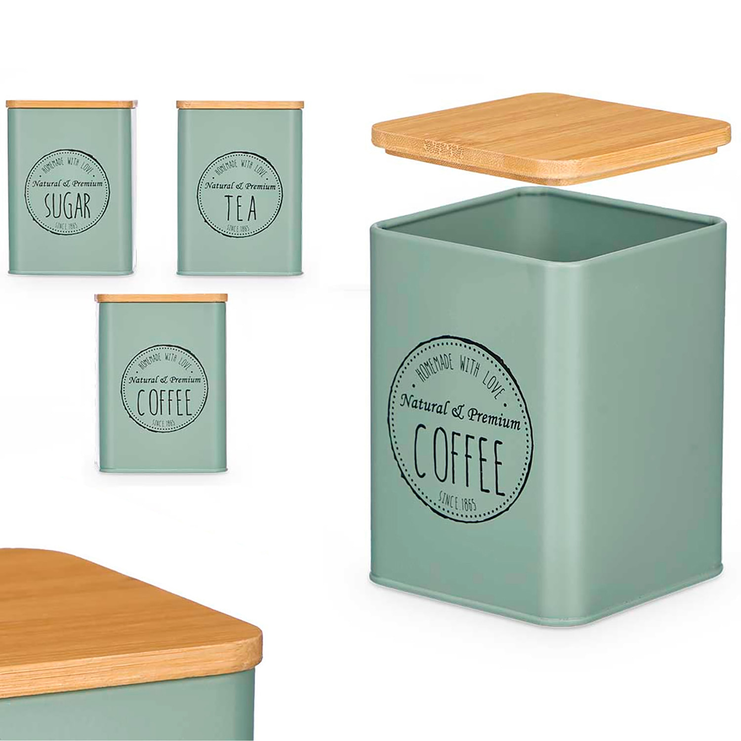 Pack 3 tarros con tapa de bambu color verde menta surtido de 3 diseños "Coffee, Sugar y Tea".