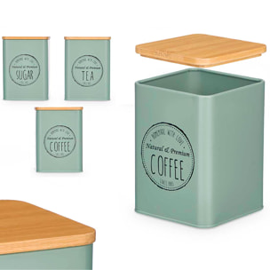 Pack 3 tarros con tapa de bambu color verde menta surtido de 3 diseños "Coffee, Sugar y Tea".