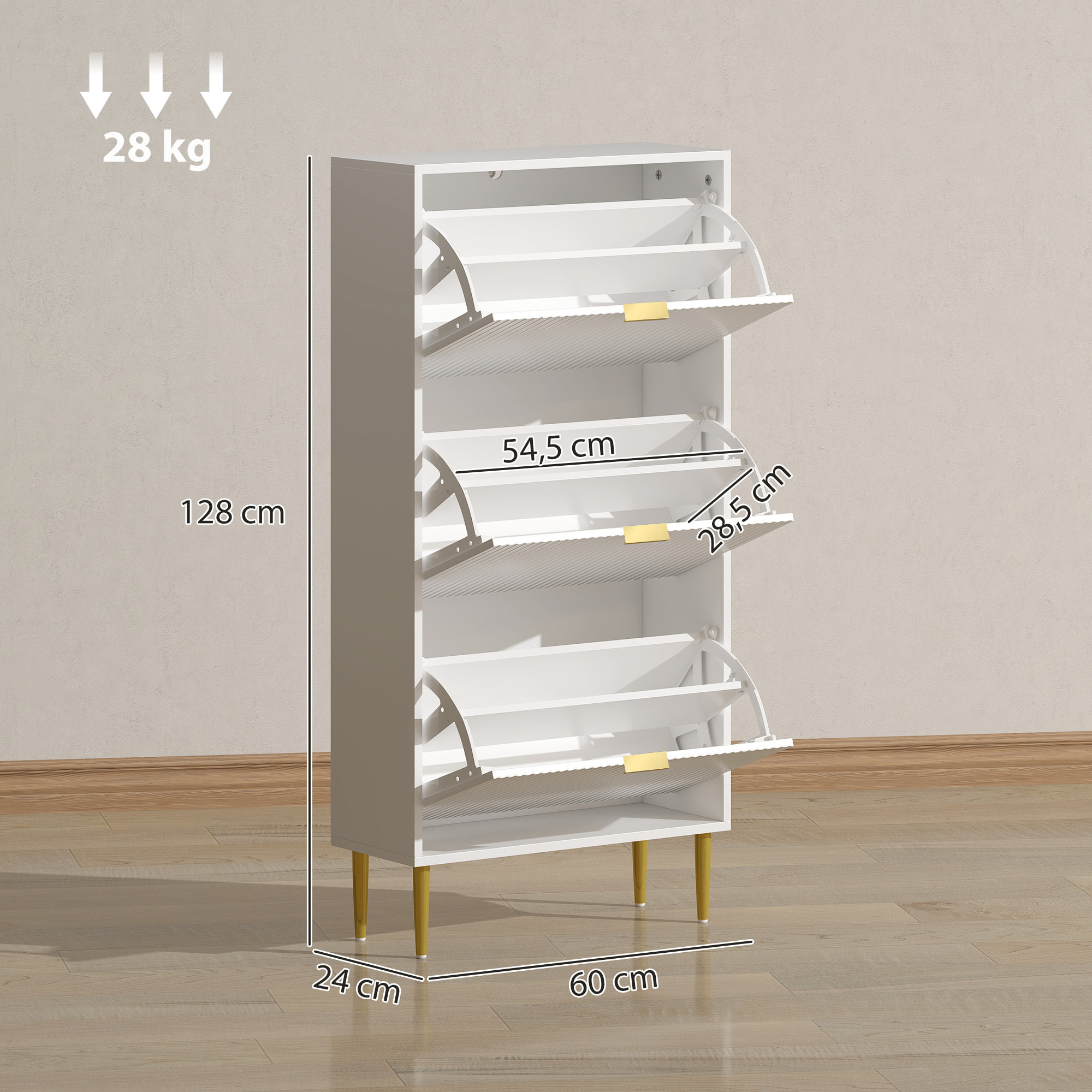 Meuble à chaussures style Art déco 3 portes piètement poignées métal doré 60 x 24 x 128 cm blanc