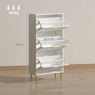 Meuble à chaussures style Art déco 3 portes piètement poignées métal doré 60 x 24 x 128 cm blanc