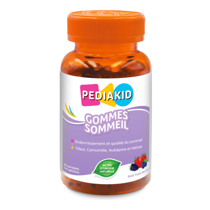 PEDIAKID - Gommes Sommeil - Complément alimentaire - Tilleul, Aubépine, Camomille & Mélisse - Facilite l'endormissement - Favorise un sommeil de meilleure qualité - Sans gélatine - 60 gommes